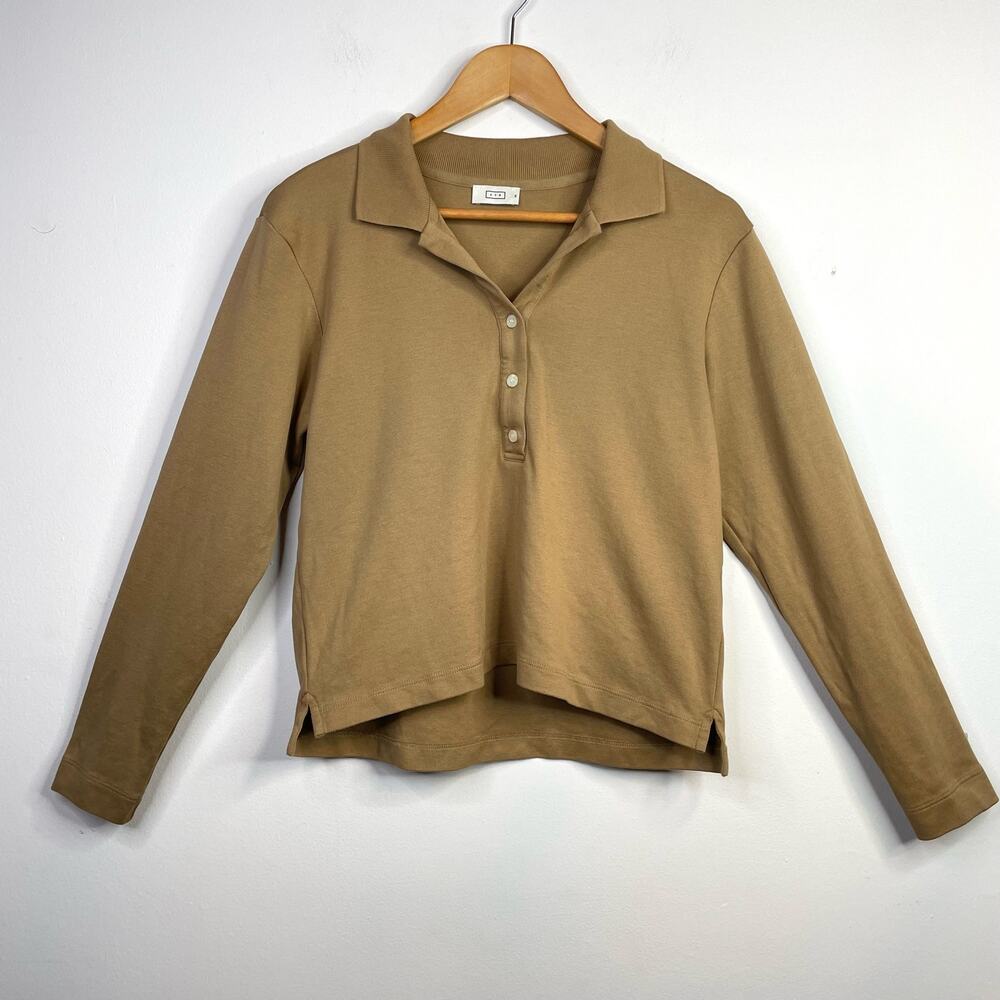 AYR Franny Pima Cotton Knit Classic Polo Shirt Top Camel Tan Chipwich Womens M - Picture 2 of 12